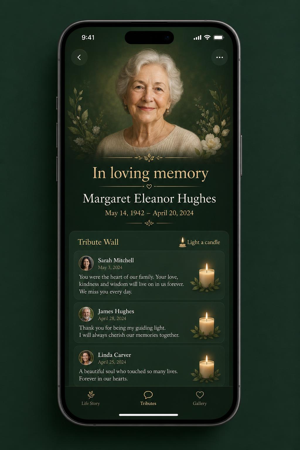 A living memorial page on a phone showing a tribute wall